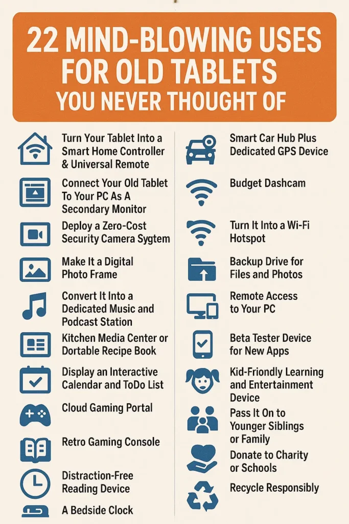Infographic listing 22 creative and practical uses for old tablets, including smart home controller, security camera, digital photo frame, music station, recipe book, dashcam, Wi-Fi hotspot, backup drive, remote access, learning device, donation, and recycling tips.