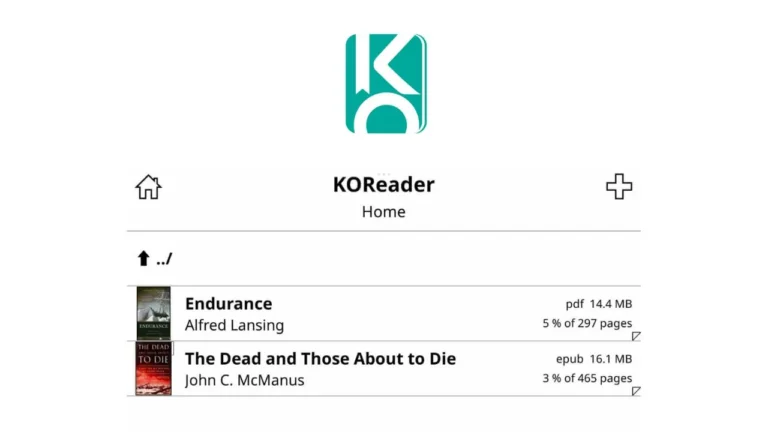 KOReader interface on an Android tablet displaying books.
