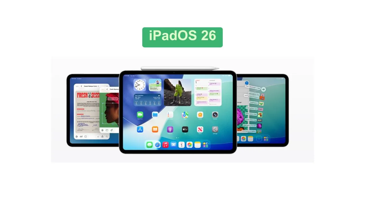 iPadOS 26 displaying resizable app windows, Mac-style menu bar, and multitasking features on iPad