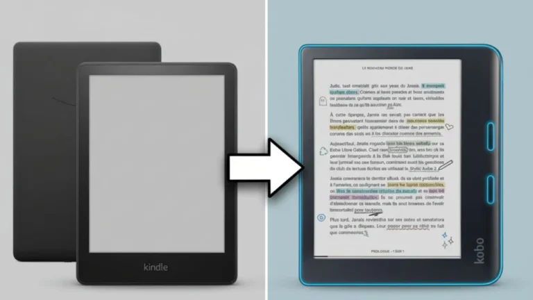 Kindle and Kobo e-readers side by side, with an arrow showing the transition from Kindle to the Kobo device