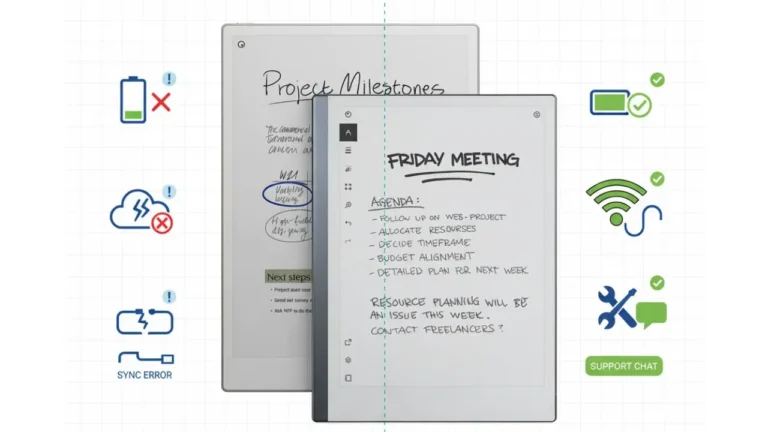reMarkable e-ink tablet displaying common problems and troubleshooting solutions