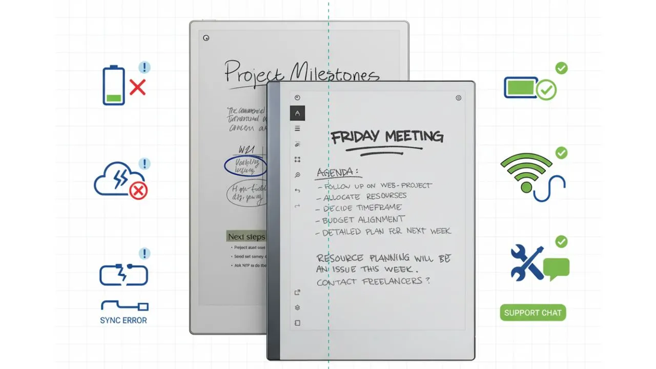 reMarkable e-ink tablet displaying common problems and troubleshooting solutions