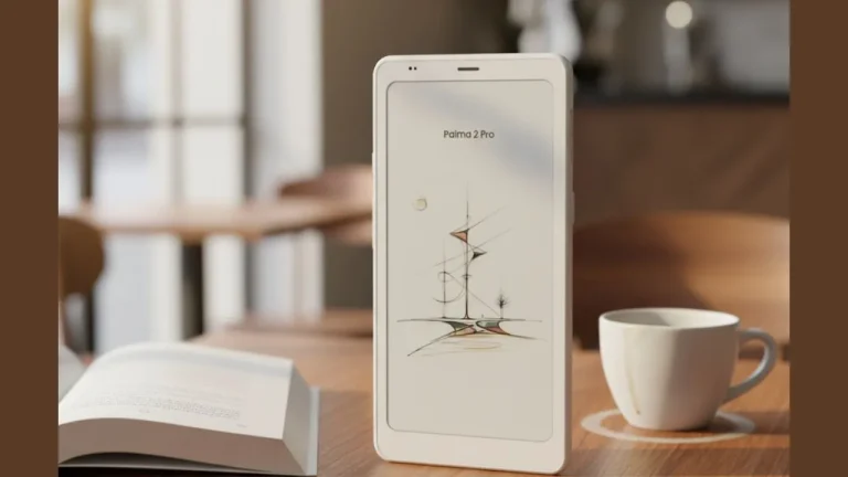 Boox Palma 2 Pro e-reader with a color e-ink display on a café table, showing a compact portable design for everyday reading.