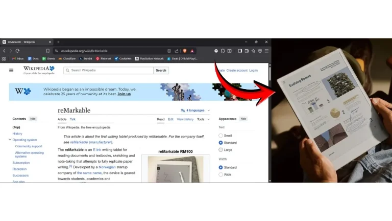 browser extension icon visible next to open article on reMarkable tablet displaying text