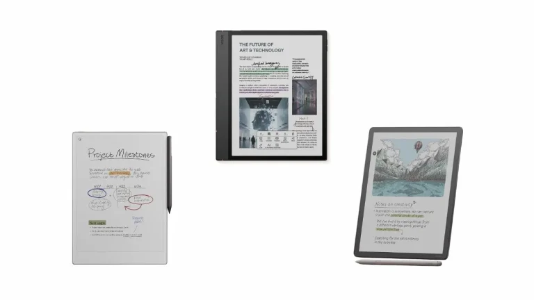 Best color e-ink tablets for note-taking, BOOX Note Air 5C, reMarkable Paper Pro, and Kindle Scribe Colorsoft side by side.
