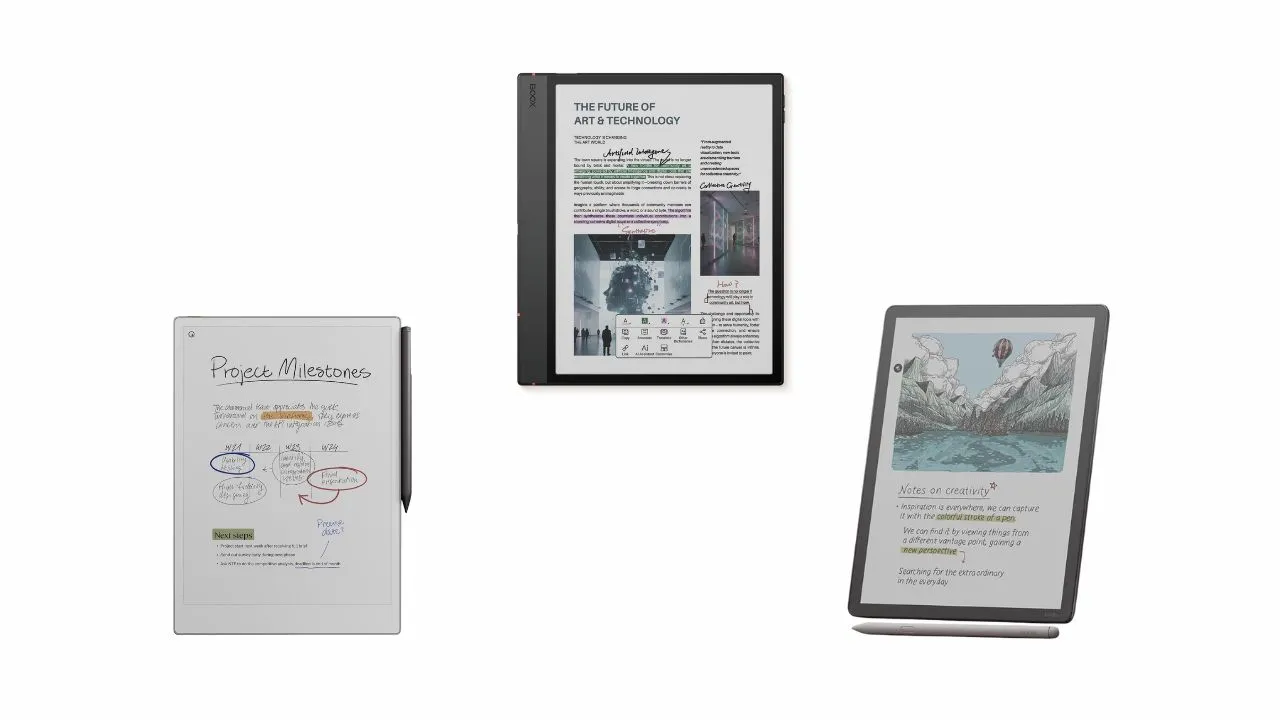 Best color e-ink tablets for note-taking, BOOX Note Air 5C, reMarkable Paper Pro, and Kindle Scribe Colorsoft side by side.