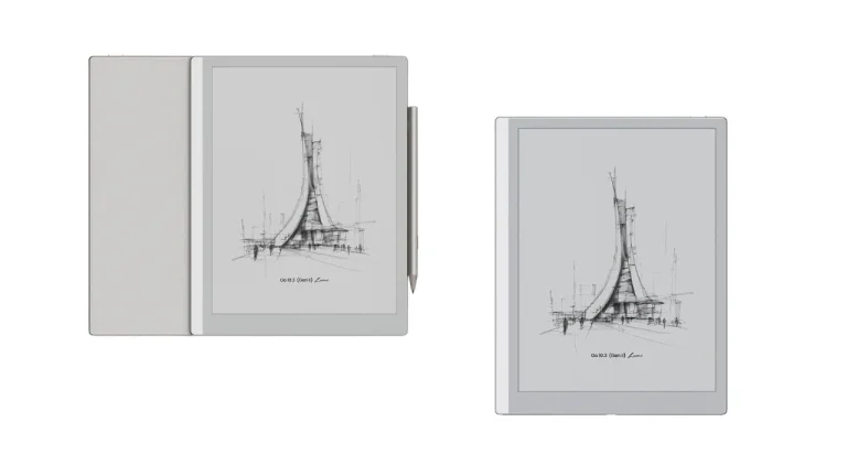 Two BOOX Go 10.3 Gen 2 Lumi e-ink tablets are shown side by side. The left unit includes the InkSense Plus stylus, while the right unit displays the slim, standalone tablet design without accessories.