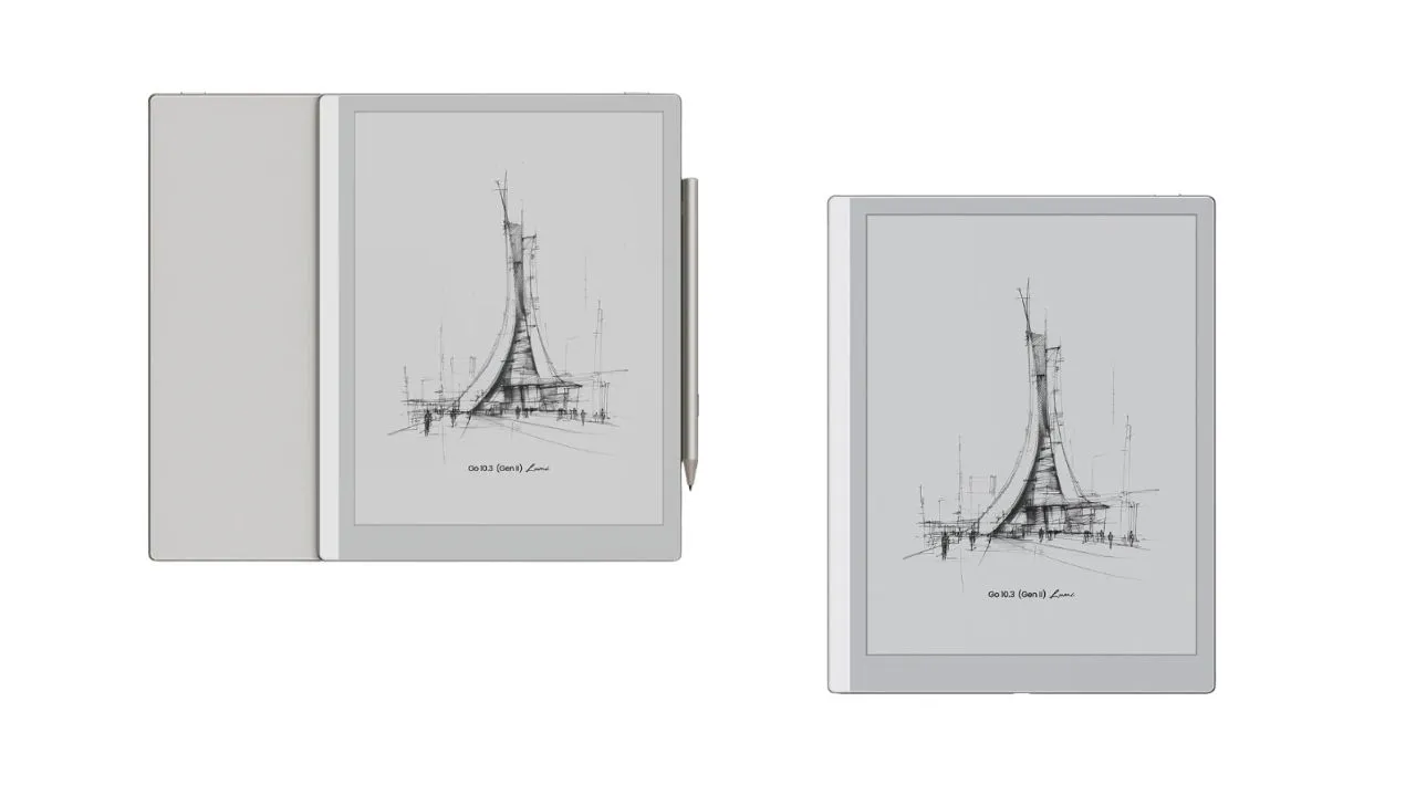 Two BOOX Go 10.3 Gen 2 Lumi e-ink tablets are shown side by side. The left unit includes the InkSense Plus stylus, while the right unit displays the slim, standalone tablet design without accessories.