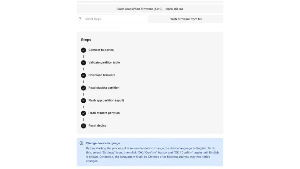 CrossPoint firmware 1.2.0 flash tool showing completed installation steps on XTEINK X4 including partition validation, firmware download, and device reset