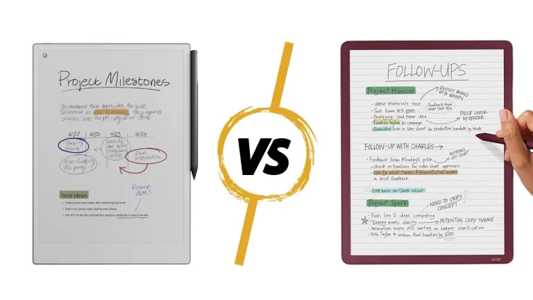 Side-by-side comparison of the Kindle Scribe Colorsoft and reMarkable Paper Pro color e-ink tablets showing digital handwriting and color annotations.