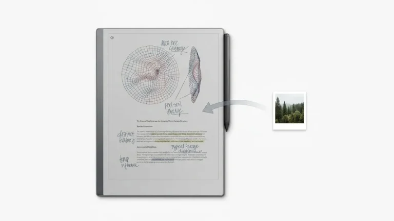 reMarkable Paper Pro tablet displaying a notebook page with a photo being dragged and dropped onto it, illustrating how to add and paste photos into notebooks and PDFs on reMarkable