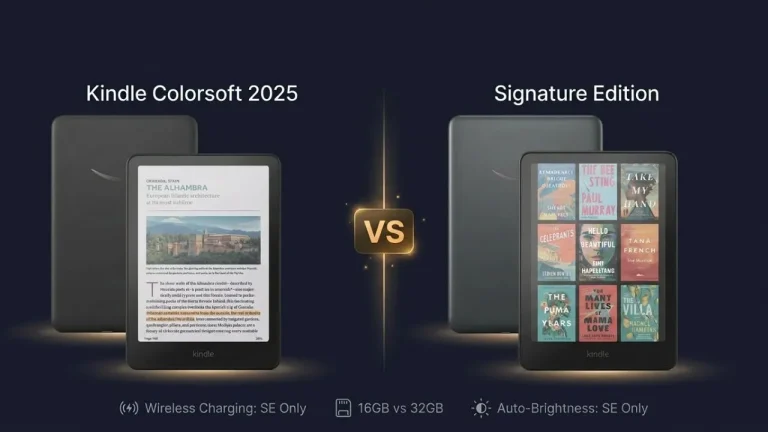 Kindle Colorsoft 2025 vs Kindle Colorsoft Signature Edition side-by-side comparison showing 16GB vs 32GB storage, wireless charging, and auto-brightness differences