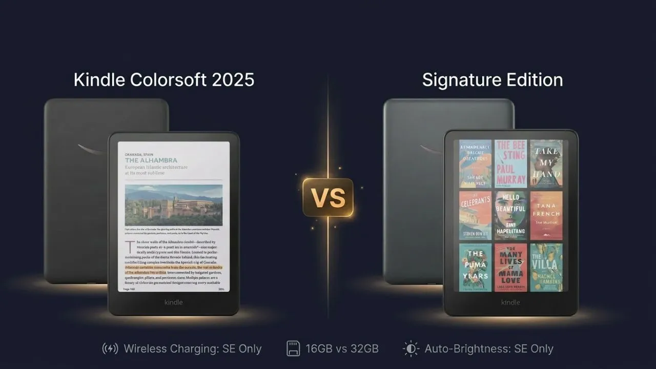 Kindle Colorsoft 2025 vs Kindle Colorsoft Signature Edition side-by-side comparison showing 16GB vs 32GB storage, wireless charging, and auto-brightness differences
