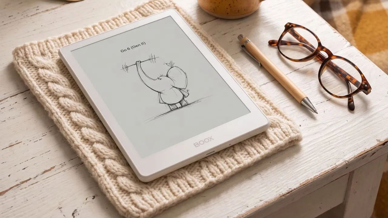 A Boox Go 6 Gen II e-reader displaying a sketch of an elephant lifting weights, resting on a knitted coaster on a white wooden table alongside a stylus and a pair of tortoiseshell glasses.