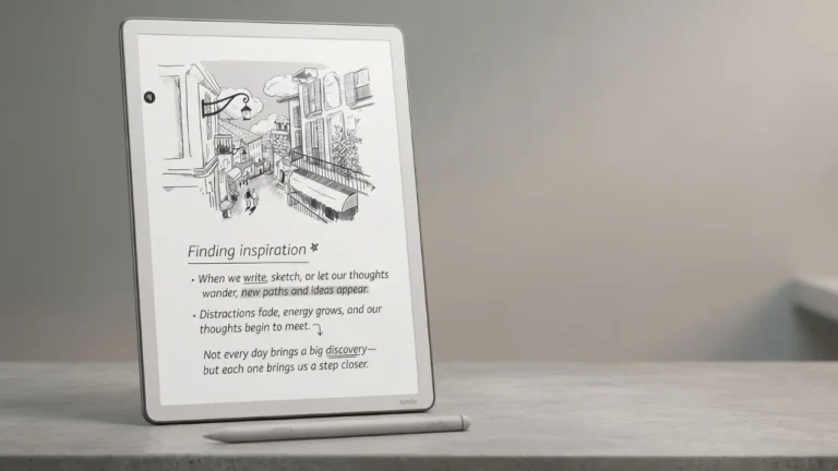 Amazon Kindle Scribe Gen 3 resting on a desk with the Premium Pen, displaying a sketched illustration and handwritten notes on its 11-inch e-ink screen.