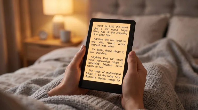 Person holding an e-reader in bed with warm light enabled to read ebooks without eye strain