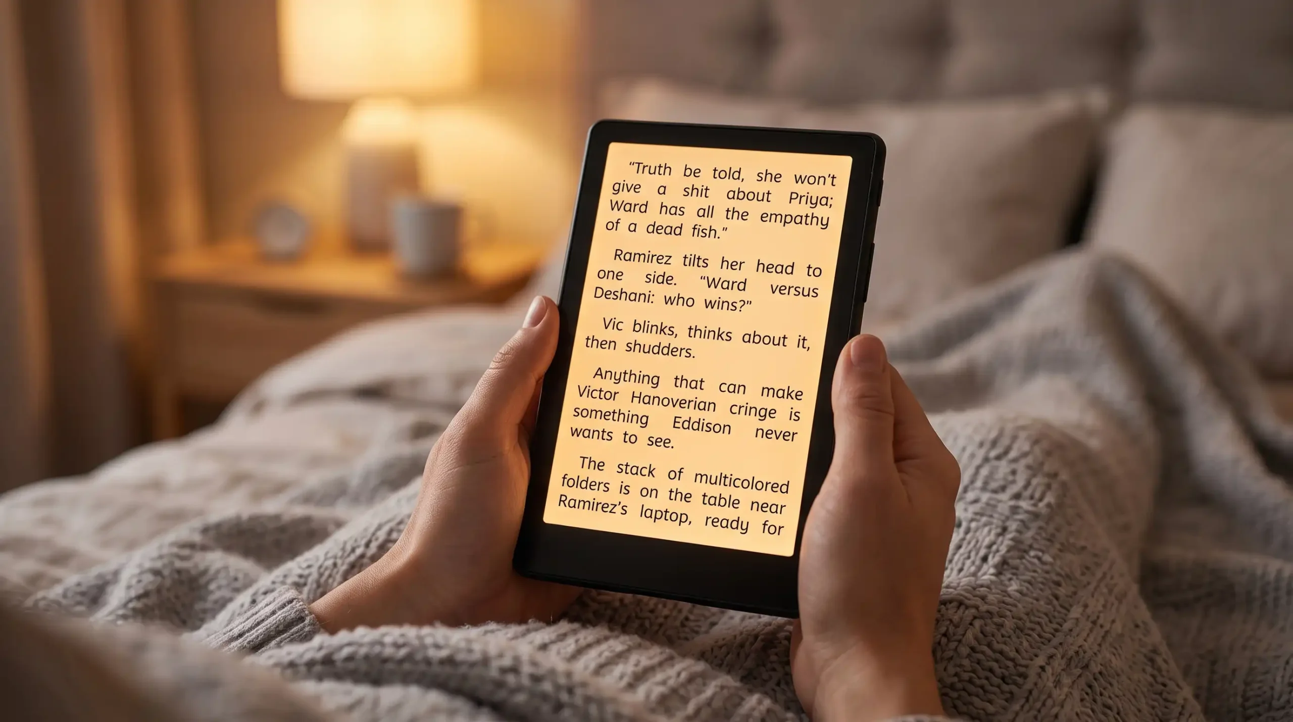 Person holding an e-reader in bed with warm light enabled to read ebooks without eye strain