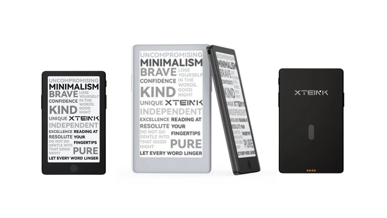 Xteink X4 Pro compact E-Ink e-reader shown in black and white color variants from front, side, and back angles