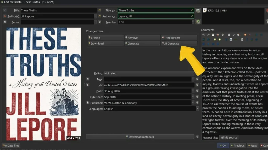Calibre Edit Metadata dialog showing the AI Generate button under the Change Cover options to create custom book covers