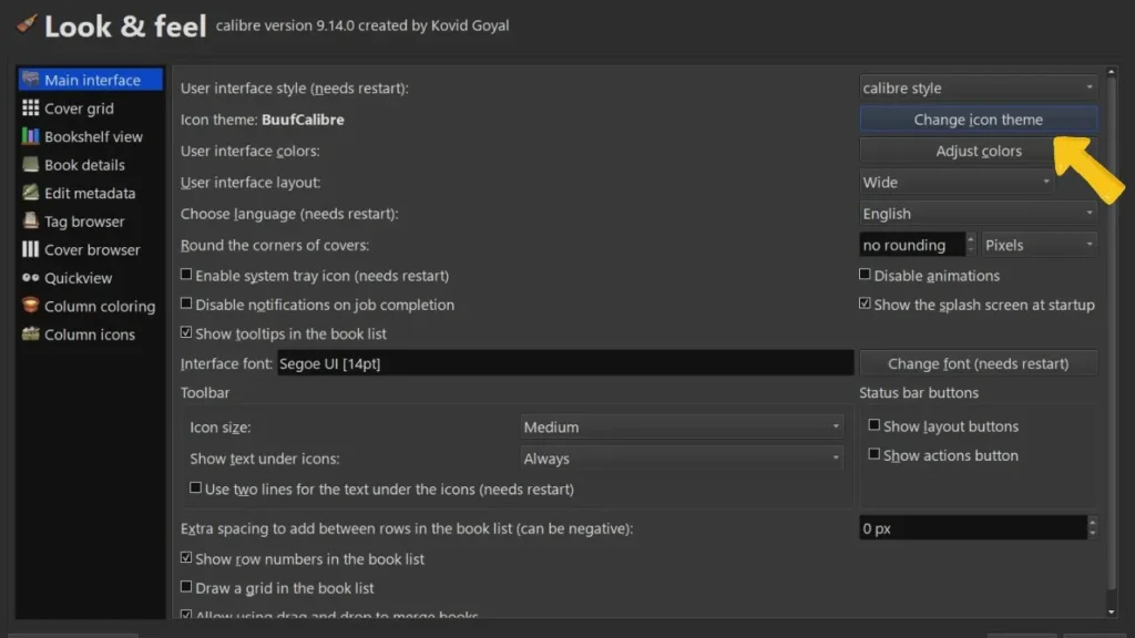 Calibre Preferences Look and Feel Main Interface settings window highlighting the Change icon theme button to reskin the user interface