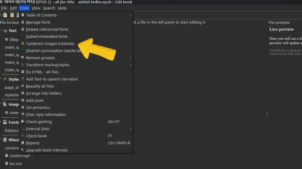 Calibre Edit Book editor window with the Tools menu open showing the Compress images losslessly option to reduce ebook file size