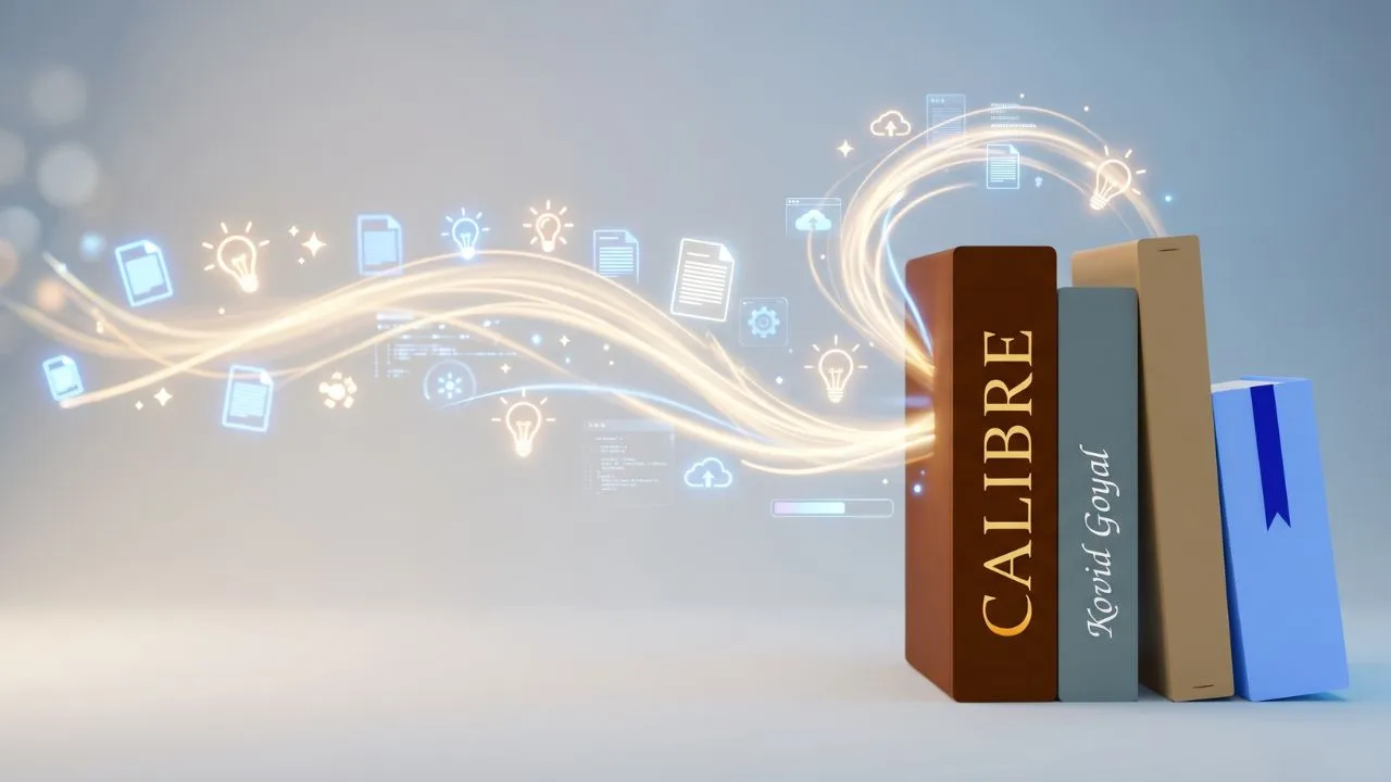 Calibre ebook management software book spine with digital glowing icons and data streams illustrating tips and tricks