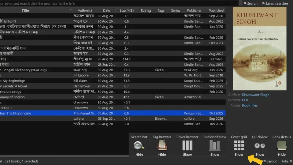 Calibre bottom layout bar showing the Cover Grid option to switch from list view to a visual bookshelf layout