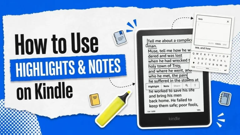 Illustrated guide showing how to use highlights and notes on a Kindle e-reader interface