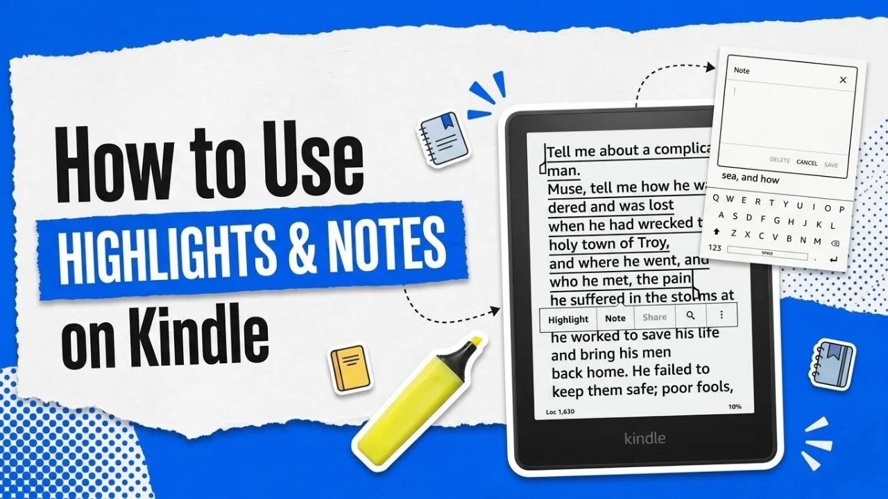 Illustrated guide showing how to use highlights and notes on a Kindle e-reader interface