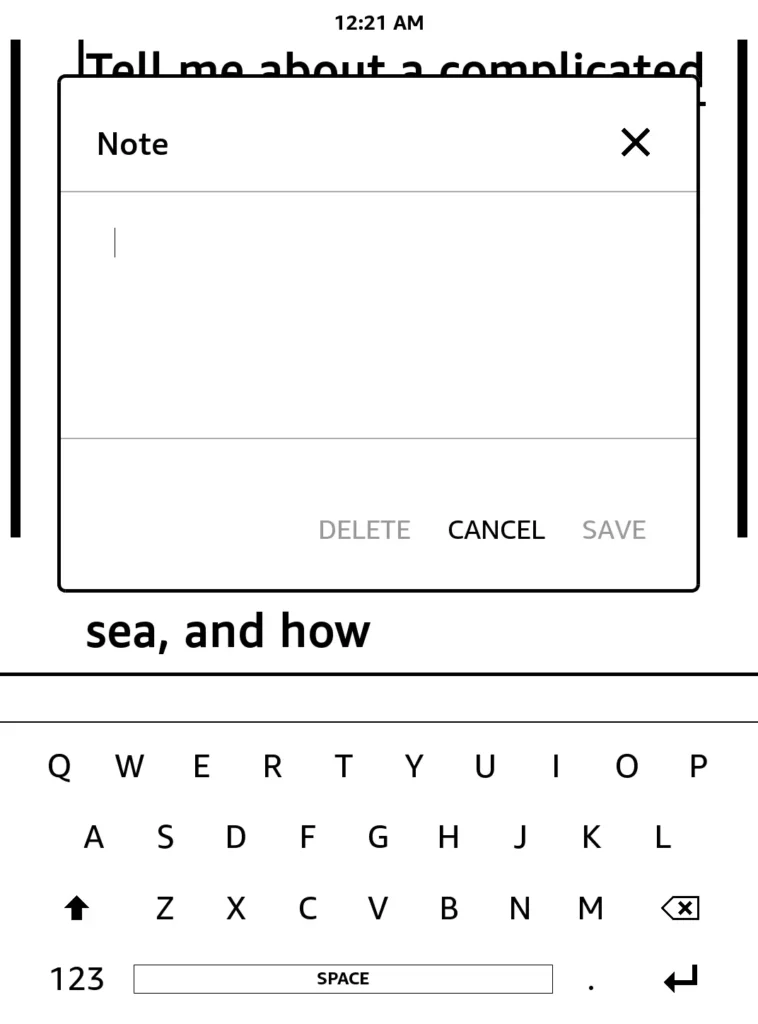 Kindle on-screen keyboard and note box pop-up for typing annotations on an ebook page