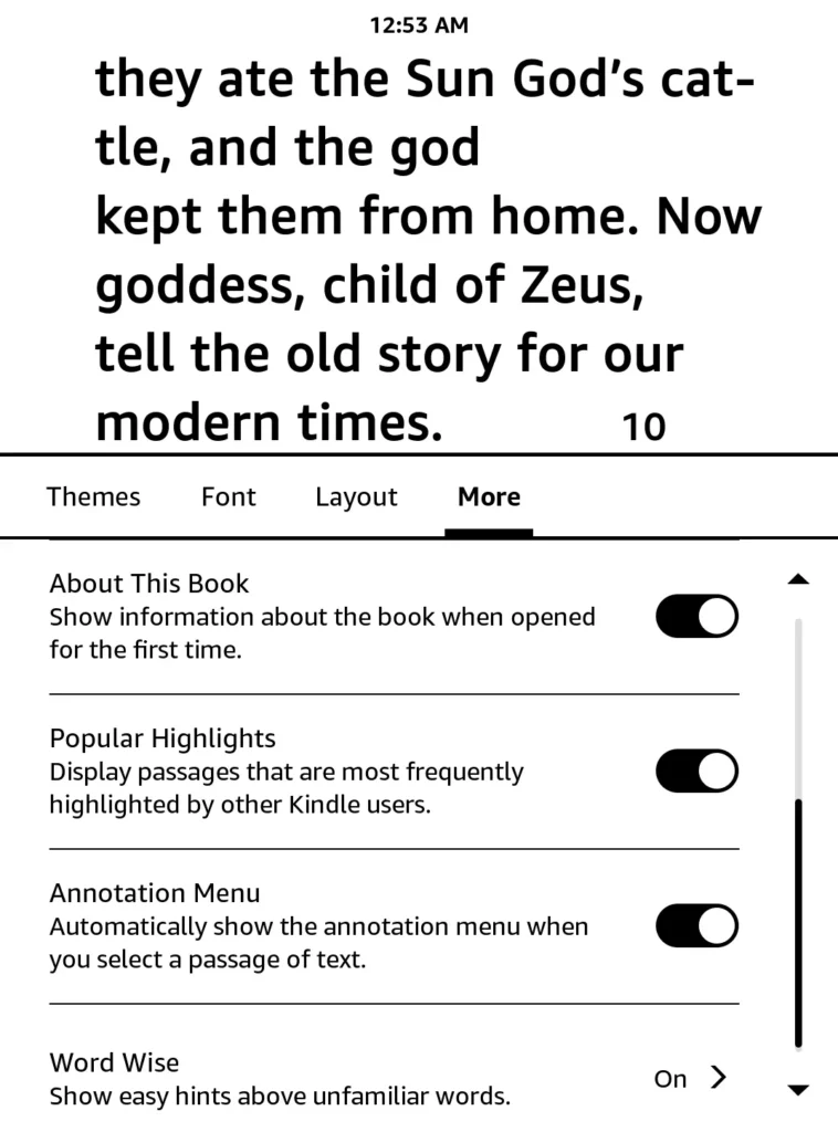 Kindle reading settings menu showing the toggle switch for Popular Highlights
