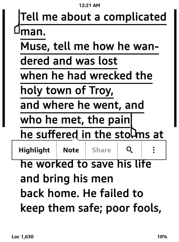 Selecting a passage of text on a Kindle screen showing the Highlight and Note pop-up menu