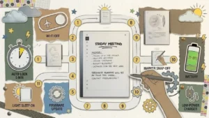Visual guide highlighting key tips to optimize battery life on reMarkable tablets, including airplane mode, marker docking, and auto-lock.