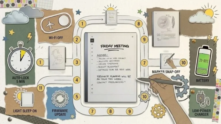 Visual guide highlighting key tips to optimize battery life on reMarkable tablets, including airplane mode, marker docking, and auto-lock.