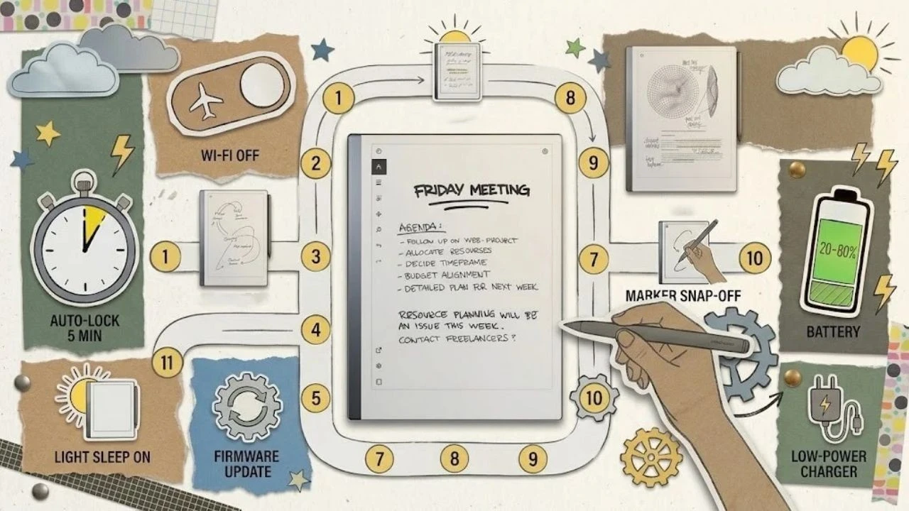 Visual guide highlighting key tips to optimize battery life on reMarkable tablets, including airplane mode, marker docking, and auto-lock.