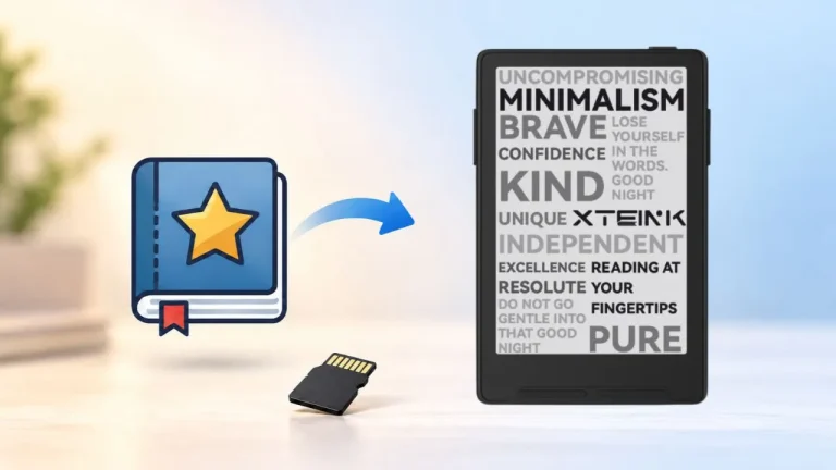 Xteink X3 e-reader beside a StarDict dictionary icon and microSD card.